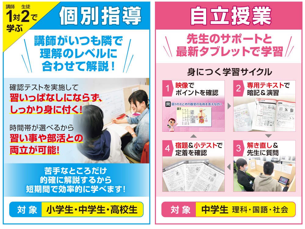 講師1対生徒2で学ぶ個別指導