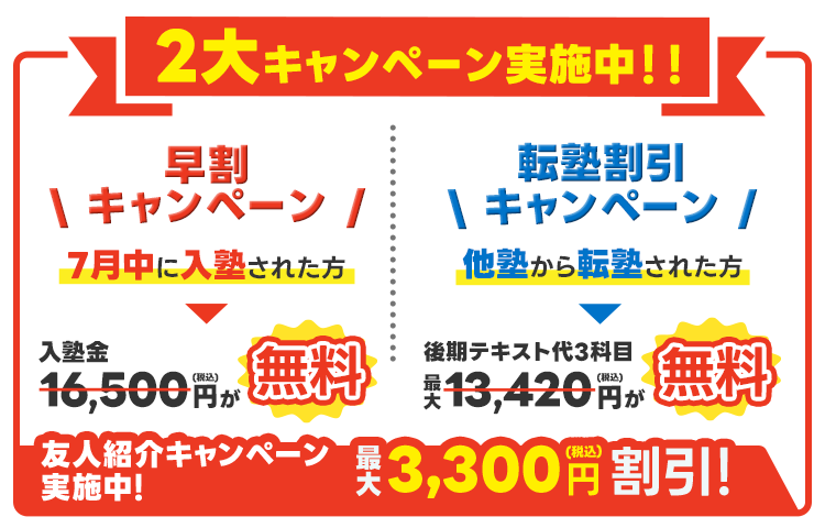 早割キャンペーン、転塾割引キャンペーン