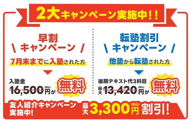 早割キャンペーン、転塾割引キャンペーン